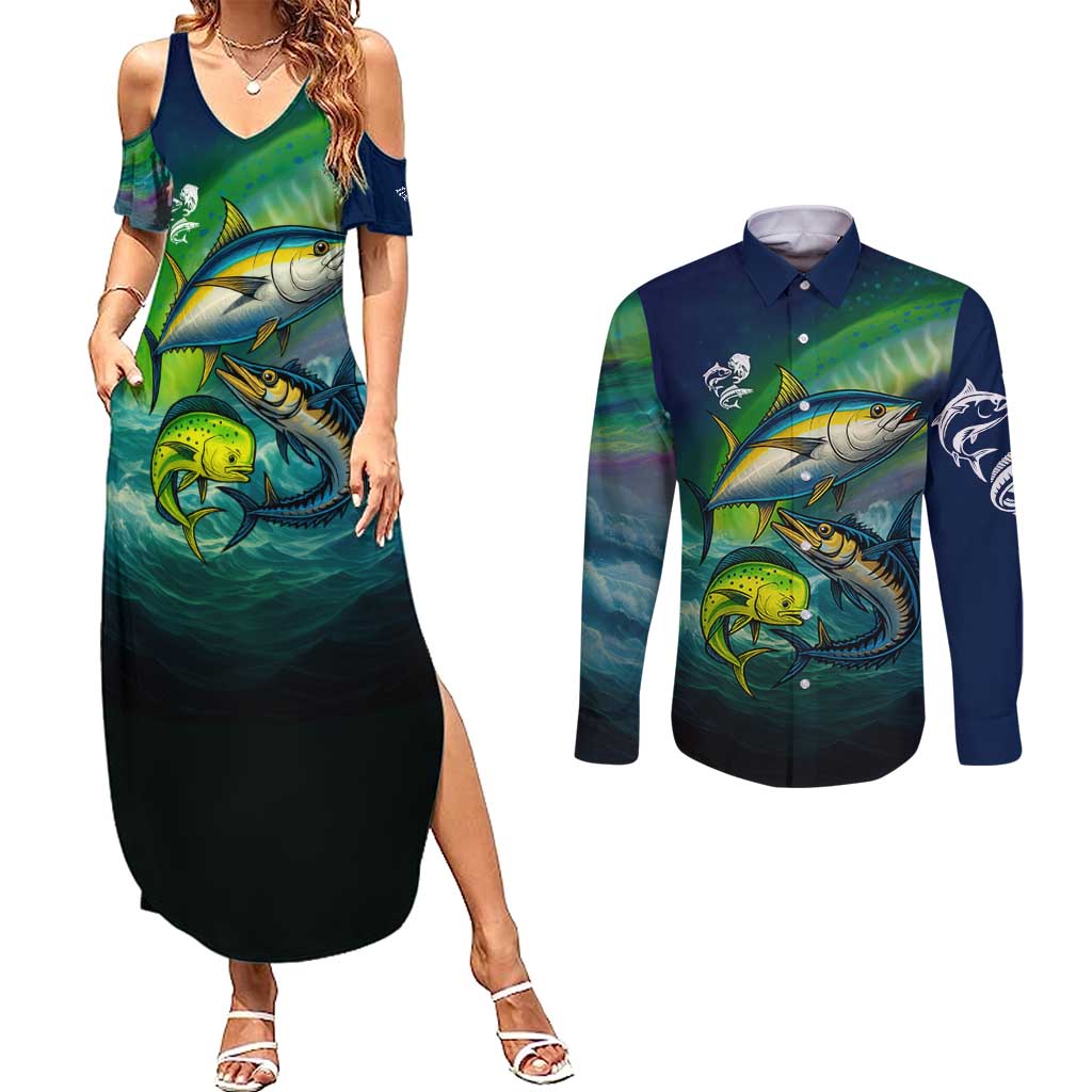 Offshore Fishing Custom Couples Matching Summer Maxi Dress and Long Sleeve Button Shirt Tuna Mahi Mahi and Wahoo in Ocean Wave Design - Wonder Print Shop