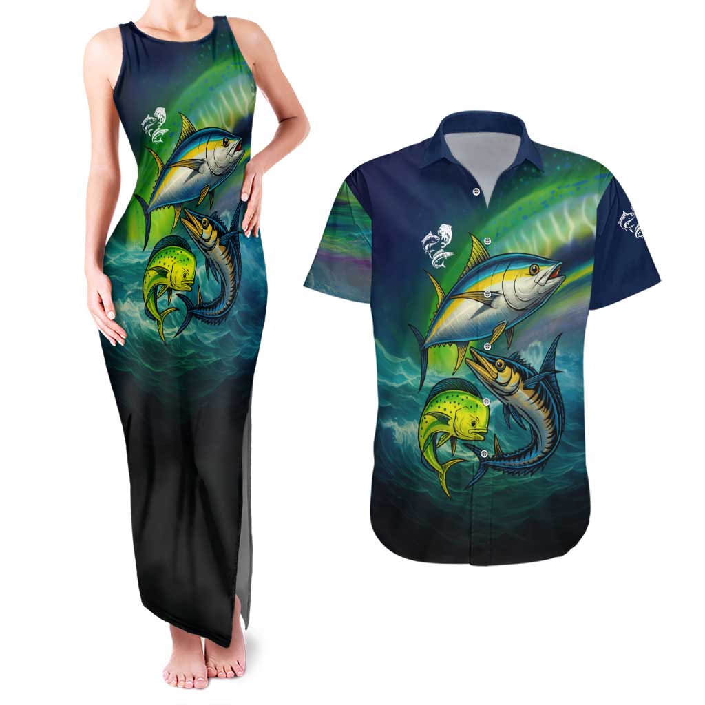 Offshore Fishing Custom Couples Matching Tank Maxi Dress and Hawaiian Shirt Tuna Mahi Mahi and Wahoo in Ocean Wave Design - Wonder Print Shop