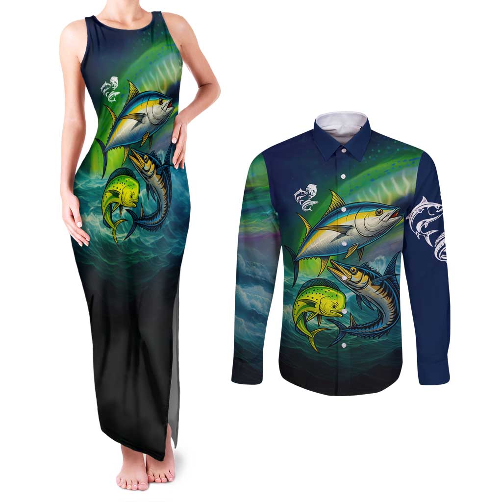 Offshore Fishing Custom Couples Matching Tank Maxi Dress and Long Sleeve Button Shirt Tuna Mahi Mahi and Wahoo in Ocean Wave Design - Wonder Print Shop