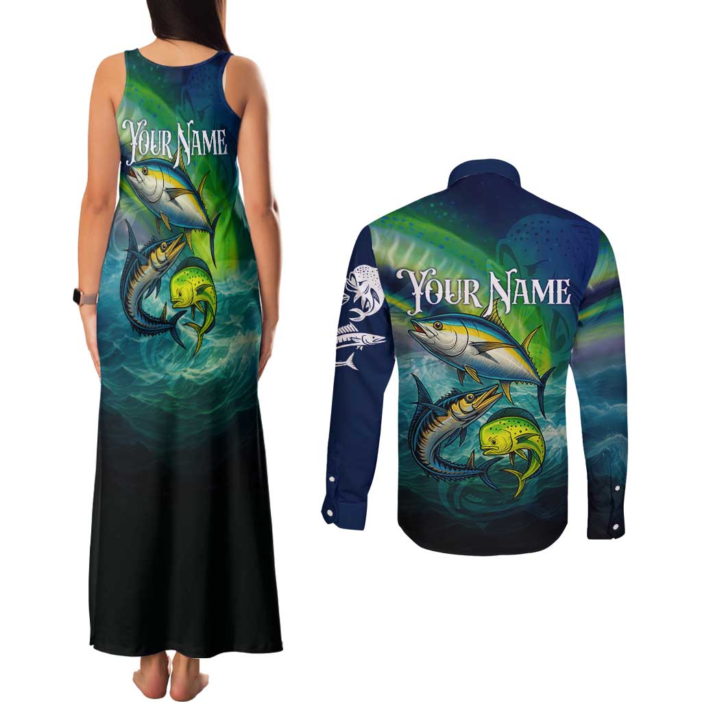 Offshore Fishing Custom Couples Matching Tank Maxi Dress and Long Sleeve Button Shirt Tuna Mahi Mahi and Wahoo in Ocean Wave Design - Wonder Print Shop