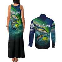 Offshore Fishing Custom Couples Matching Tank Maxi Dress and Long Sleeve Button Shirt Tuna Mahi Mahi and Wahoo in Ocean Wave Design - Wonder Print Shop