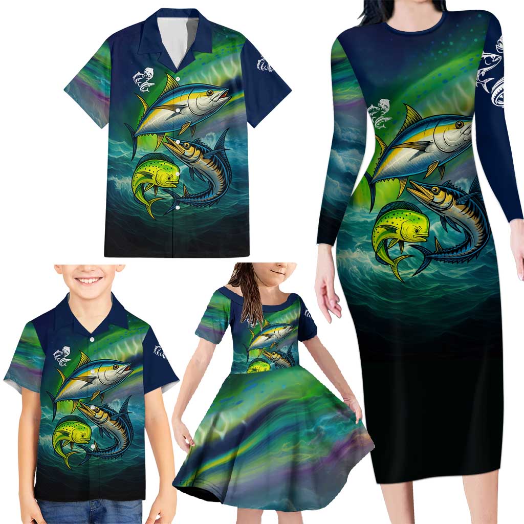 Offshore Fishing Custom Family Matching Long Sleeve Bodycon Dress and Hawaiian Shirt Tuna Mahi Mahi and Wahoo in Ocean Wave Design - Wonder Print Shop
