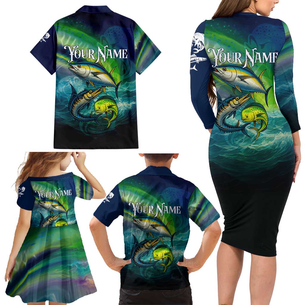Offshore Fishing Custom Family Matching Long Sleeve Bodycon Dress and Hawaiian Shirt Tuna Mahi Mahi and Wahoo in Ocean Wave Design - Wonder Print Shop