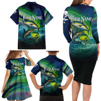 Offshore Fishing Custom Family Matching Long Sleeve Bodycon Dress and Hawaiian Shirt Tuna Mahi Mahi and Wahoo in Ocean Wave Design - Wonder Print Shop