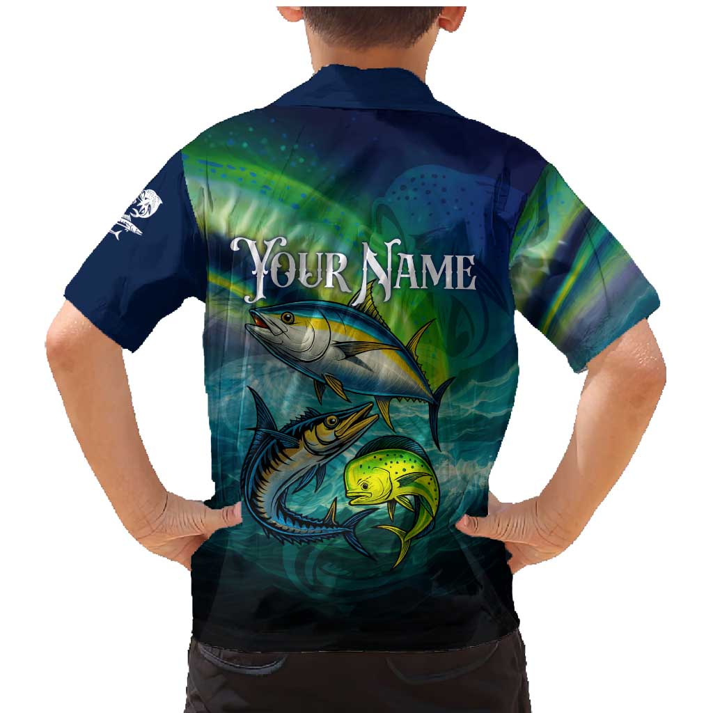 Offshore Fishing Custom Family Matching Mermaid Dress and Hawaiian Shirt Tuna Mahi Mahi and Wahoo in Ocean Wave Design - Wonder Print Shop