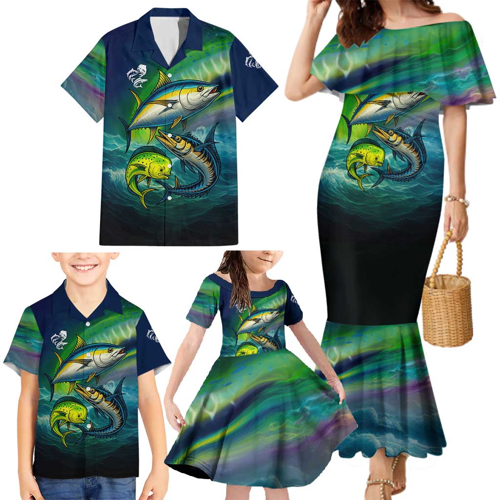 Offshore Fishing Custom Family Matching Mermaid Dress and Hawaiian Shirt Tuna Mahi Mahi and Wahoo in Ocean Wave Design - Wonder Print Shop