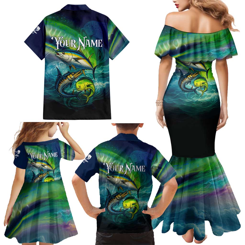 Offshore Fishing Custom Family Matching Mermaid Dress and Hawaiian Shirt Tuna Mahi Mahi and Wahoo in Ocean Wave Design - Wonder Print Shop