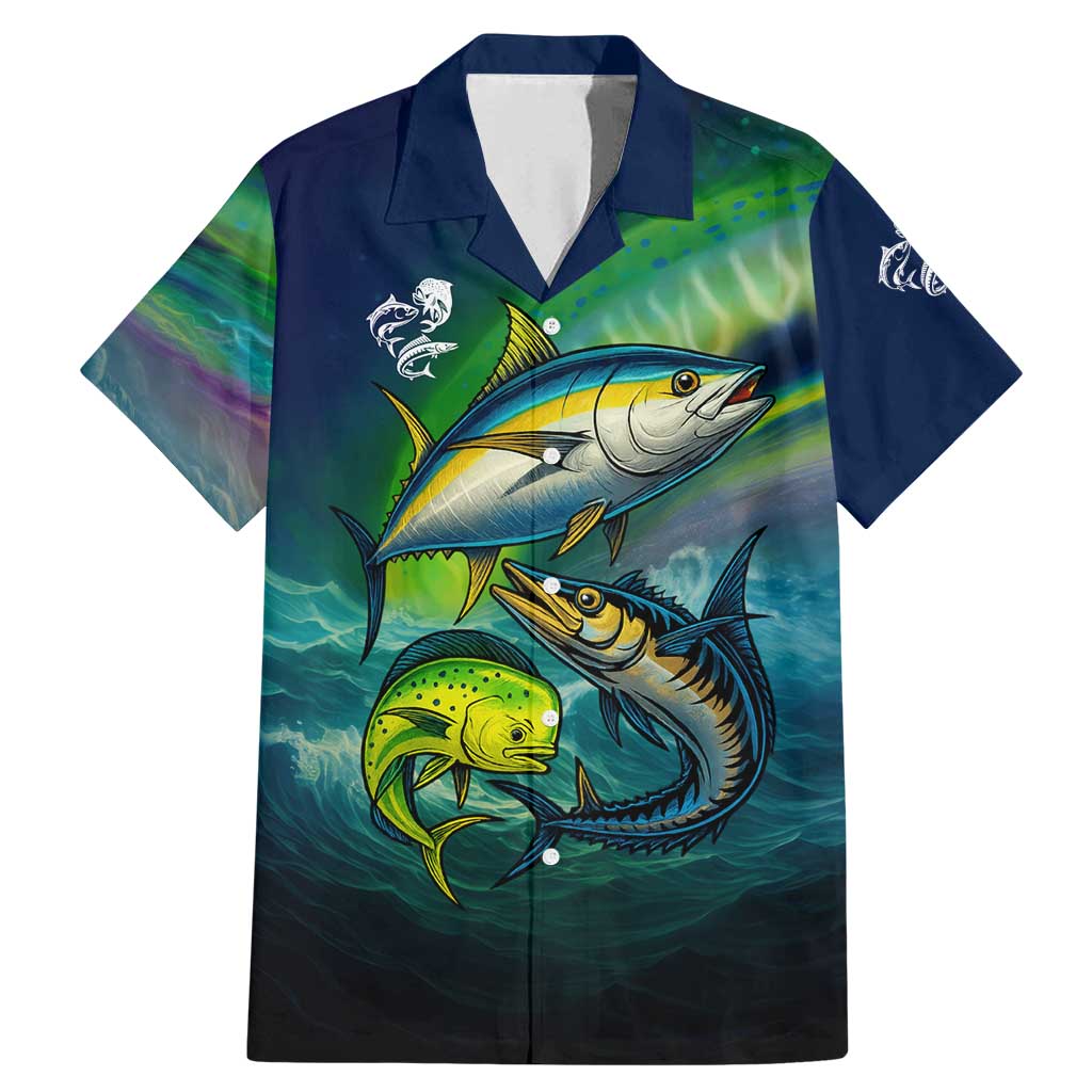 Offshore Fishing Custom Family Matching Mermaid Dress and Hawaiian Shirt Tuna Mahi Mahi and Wahoo in Ocean Wave Design - Wonder Print Shop