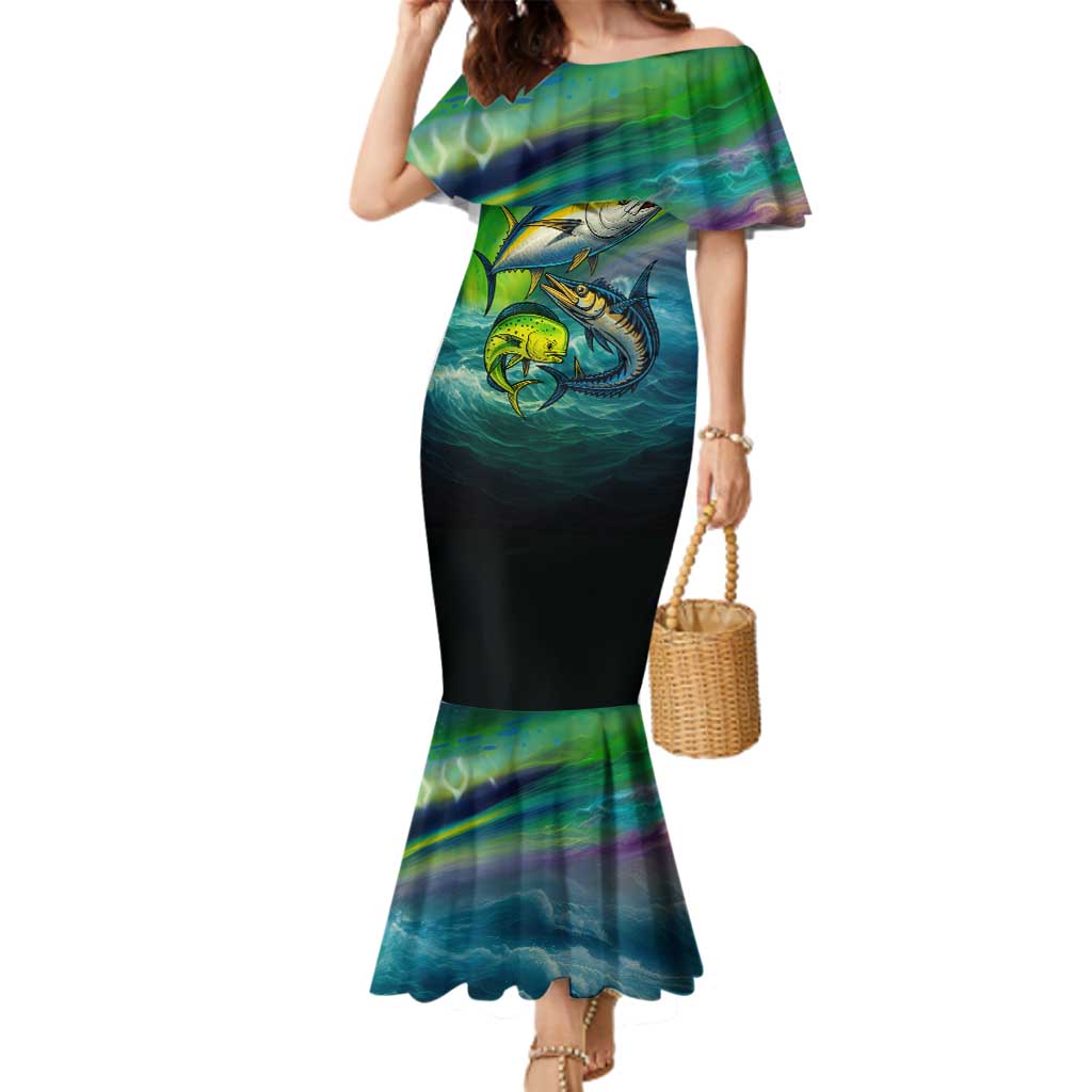Offshore Fishing Custom Family Matching Mermaid Dress and Hawaiian Shirt Tuna Mahi Mahi and Wahoo in Ocean Wave Design - Wonder Print Shop
