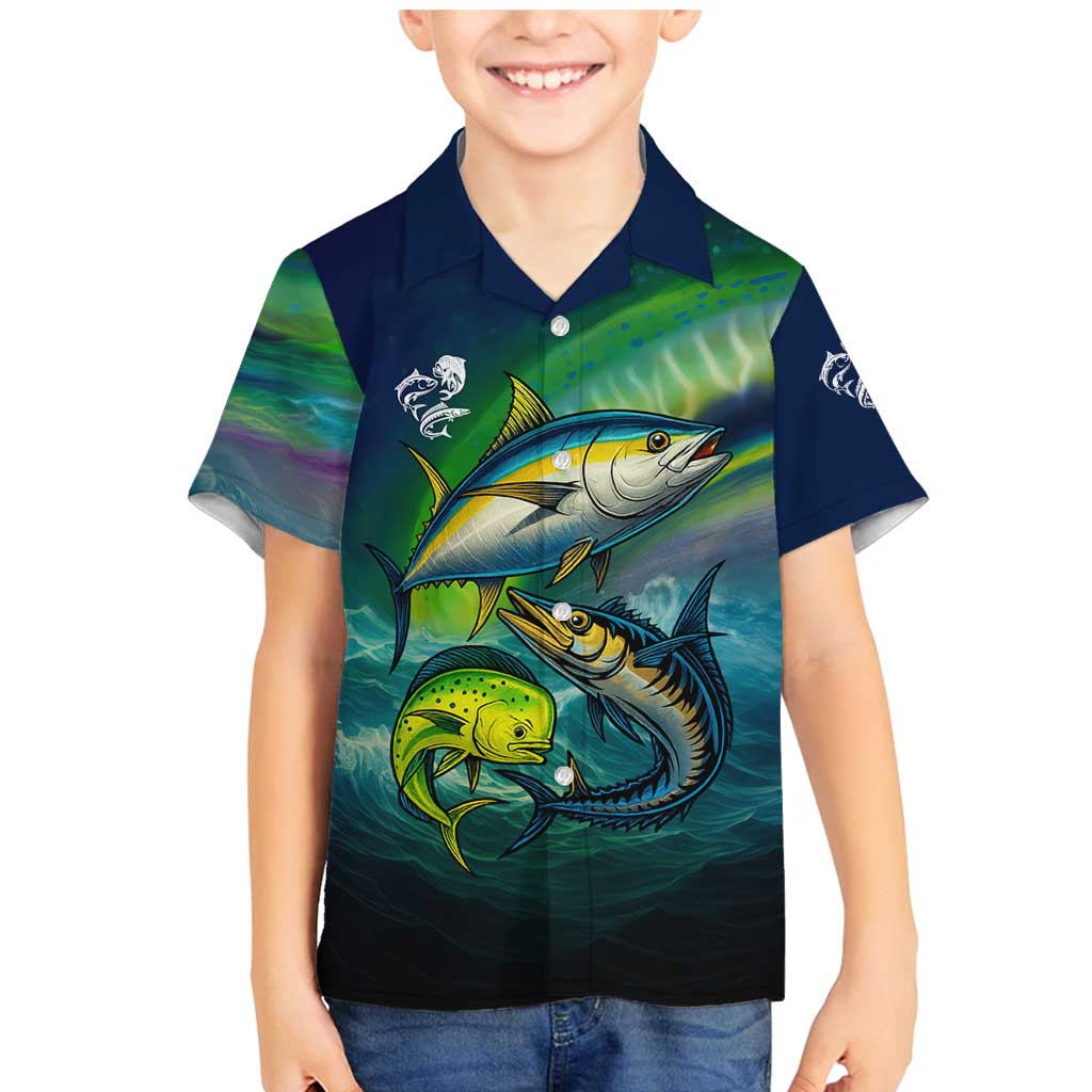 Offshore Fishing Custom Family Matching Mermaid Dress and Hawaiian Shirt Tuna Mahi Mahi and Wahoo in Ocean Wave Design - Wonder Print Shop