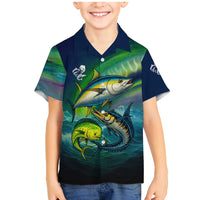 Offshore Fishing Custom Family Matching Mermaid Dress and Hawaiian Shirt Tuna Mahi Mahi and Wahoo in Ocean Wave Design - Wonder Print Shop