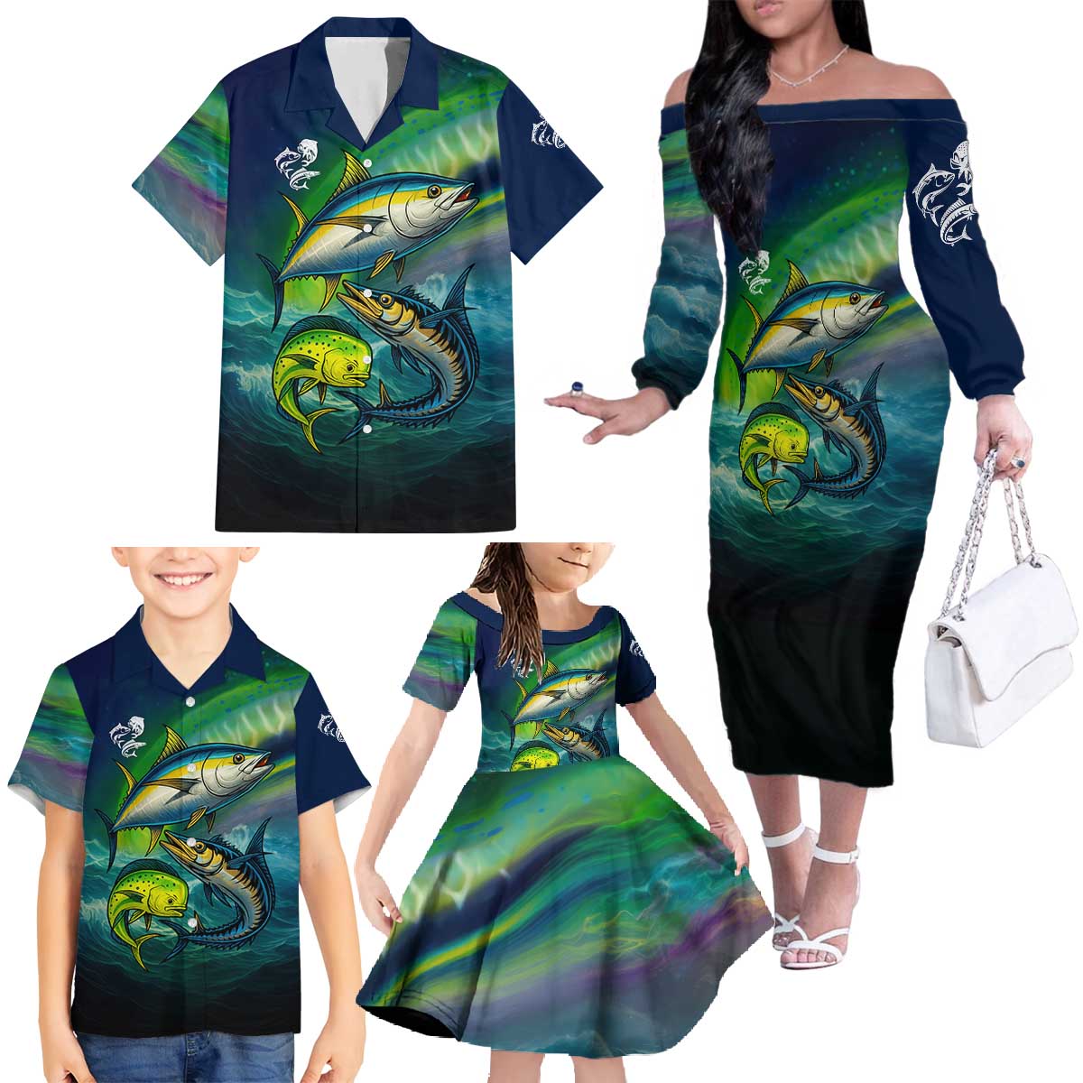 Offshore Fishing Custom Family Matching Off The Shoulder Long Sleeve Dress and Hawaiian Shirt Tuna Mahi Mahi and Wahoo in Ocean Wave Design - Wonder Print Shop