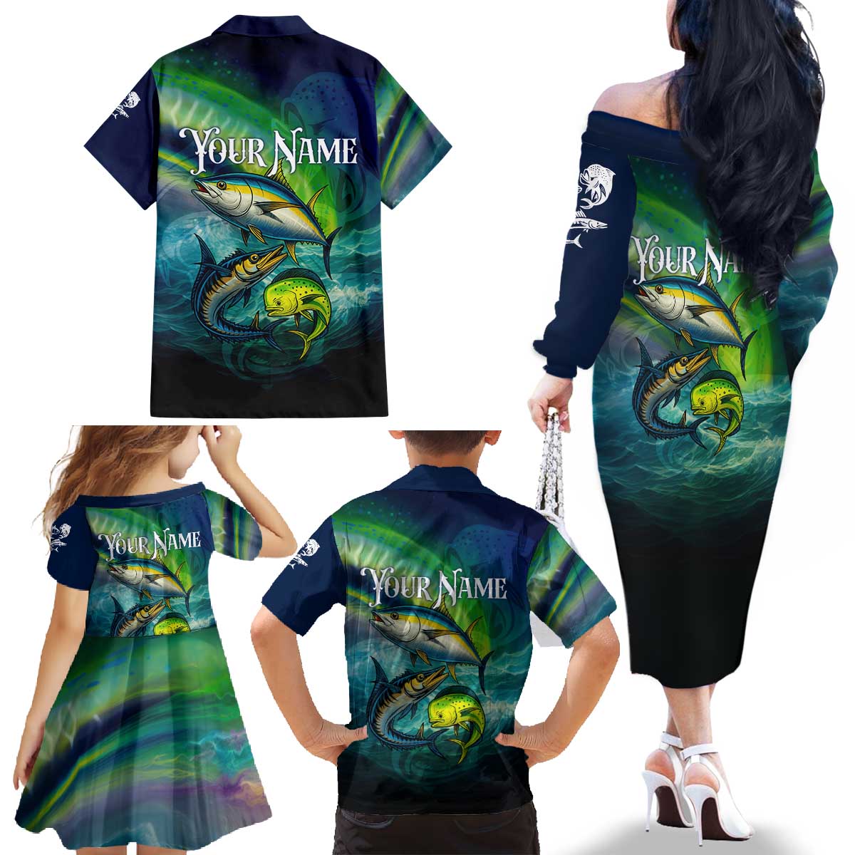 Offshore Fishing Custom Family Matching Off The Shoulder Long Sleeve Dress and Hawaiian Shirt Tuna Mahi Mahi and Wahoo in Ocean Wave Design - Wonder Print Shop