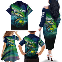 Offshore Fishing Custom Family Matching Off The Shoulder Long Sleeve Dress and Hawaiian Shirt Tuna Mahi Mahi and Wahoo in Ocean Wave Design - Wonder Print Shop