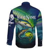 Offshore Fishing Custom Family Matching Off The Shoulder Long Sleeve Dress and Hawaiian Shirt Tuna Mahi Mahi and Wahoo in Ocean Wave Design - Wonder Print Shop