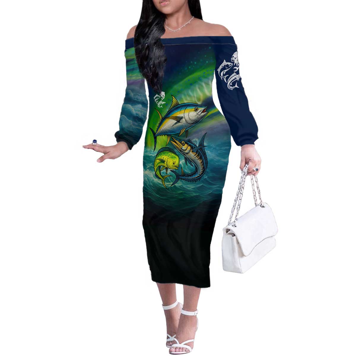 Offshore Fishing Custom Family Matching Off The Shoulder Long Sleeve Dress and Hawaiian Shirt Tuna Mahi Mahi and Wahoo in Ocean Wave Design - Wonder Print Shop