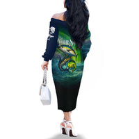 Offshore Fishing Custom Family Matching Off The Shoulder Long Sleeve Dress and Hawaiian Shirt Tuna Mahi Mahi and Wahoo in Ocean Wave Design - Wonder Print Shop