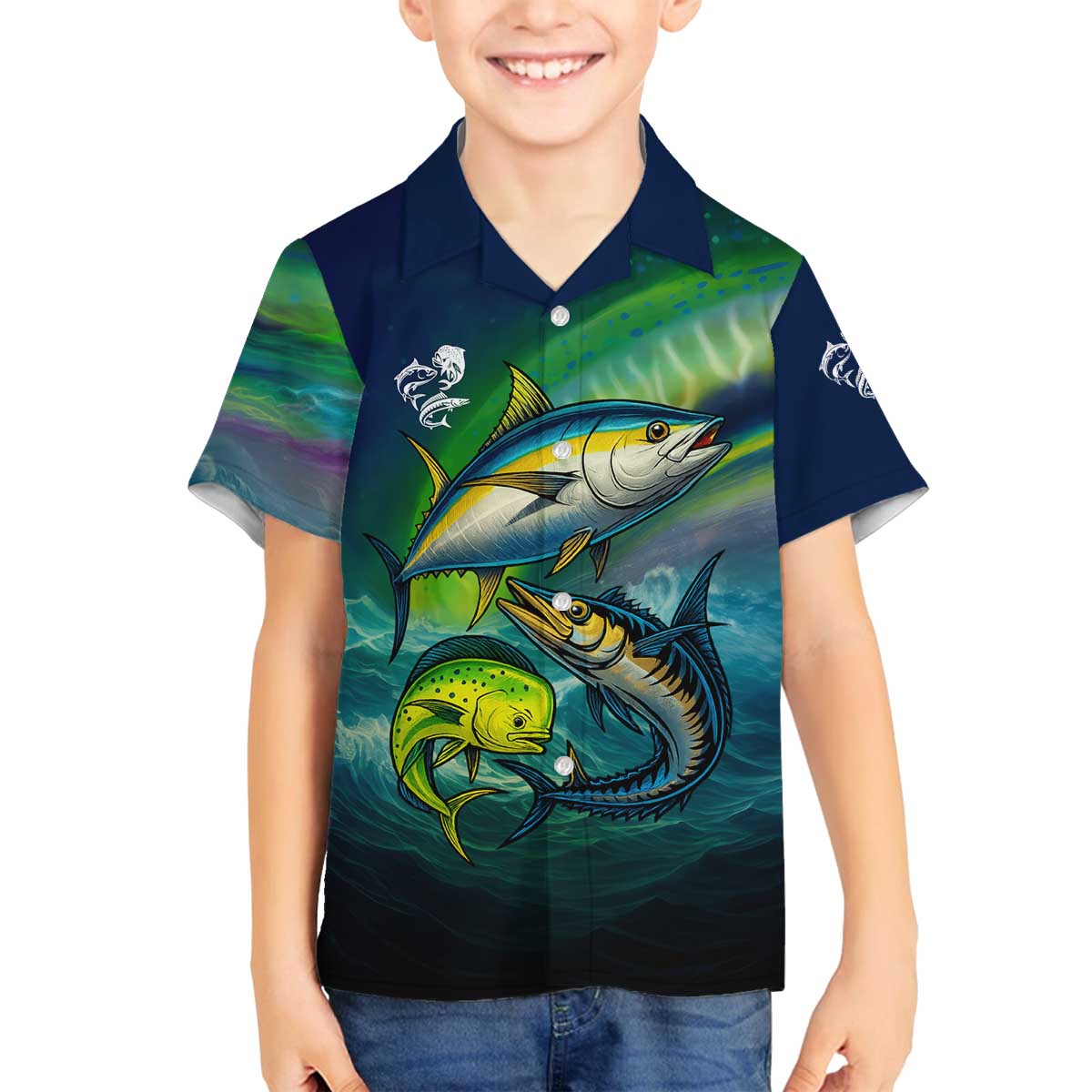 Offshore Fishing Custom Family Matching Off The Shoulder Long Sleeve Dress and Hawaiian Shirt Tuna Mahi Mahi and Wahoo in Ocean Wave Design - Wonder Print Shop