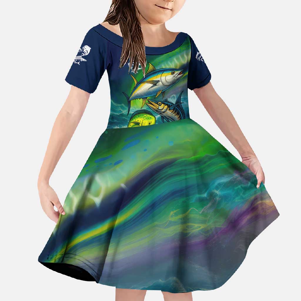 Offshore Fishing Custom Family Matching Off Shoulder Maxi Dress and Hawaiian Shirt Tuna Mahi Mahi and Wahoo in Ocean Wave Design - Wonder Print Shop