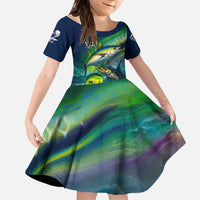 Offshore Fishing Custom Family Matching Off Shoulder Maxi Dress and Hawaiian Shirt Tuna Mahi Mahi and Wahoo in Ocean Wave Design - Wonder Print Shop