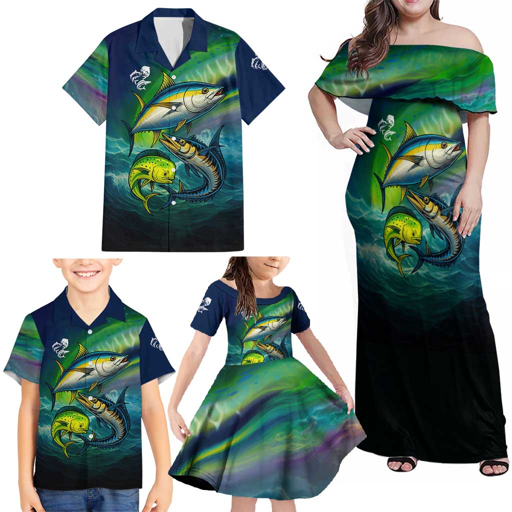 Offshore Fishing Custom Family Matching Off Shoulder Maxi Dress and Hawaiian Shirt Tuna Mahi Mahi and Wahoo in Ocean Wave Design - Wonder Print Shop