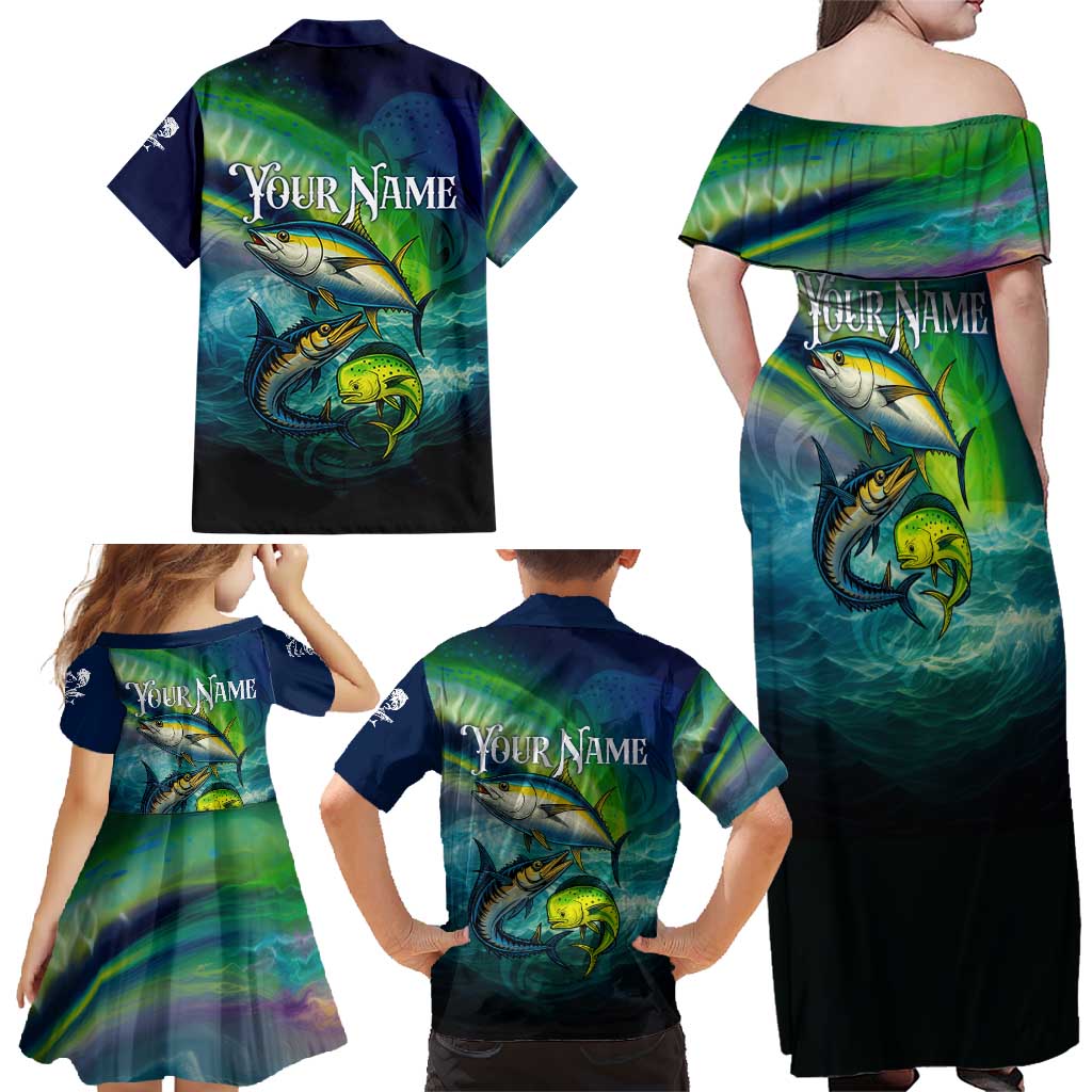 Offshore Fishing Custom Family Matching Off Shoulder Maxi Dress and Hawaiian Shirt Tuna Mahi Mahi and Wahoo in Ocean Wave Design - Wonder Print Shop
