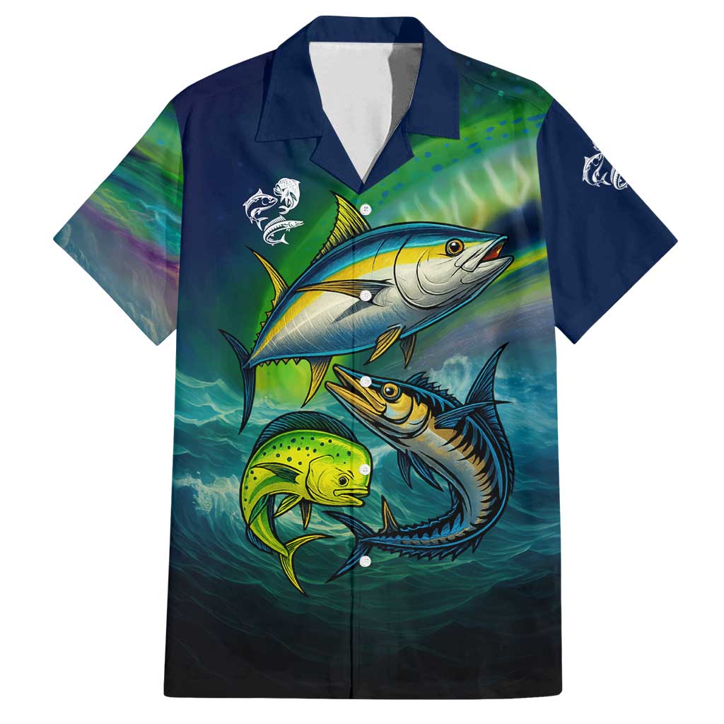 Offshore Fishing Custom Family Matching Off Shoulder Maxi Dress and Hawaiian Shirt Tuna Mahi Mahi and Wahoo in Ocean Wave Design - Wonder Print Shop