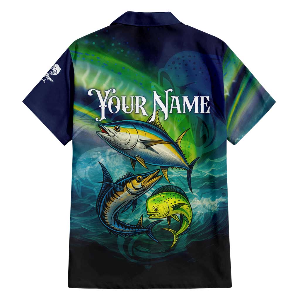 Offshore Fishing Custom Family Matching Off Shoulder Maxi Dress and Hawaiian Shirt Tuna Mahi Mahi and Wahoo in Ocean Wave Design - Wonder Print Shop