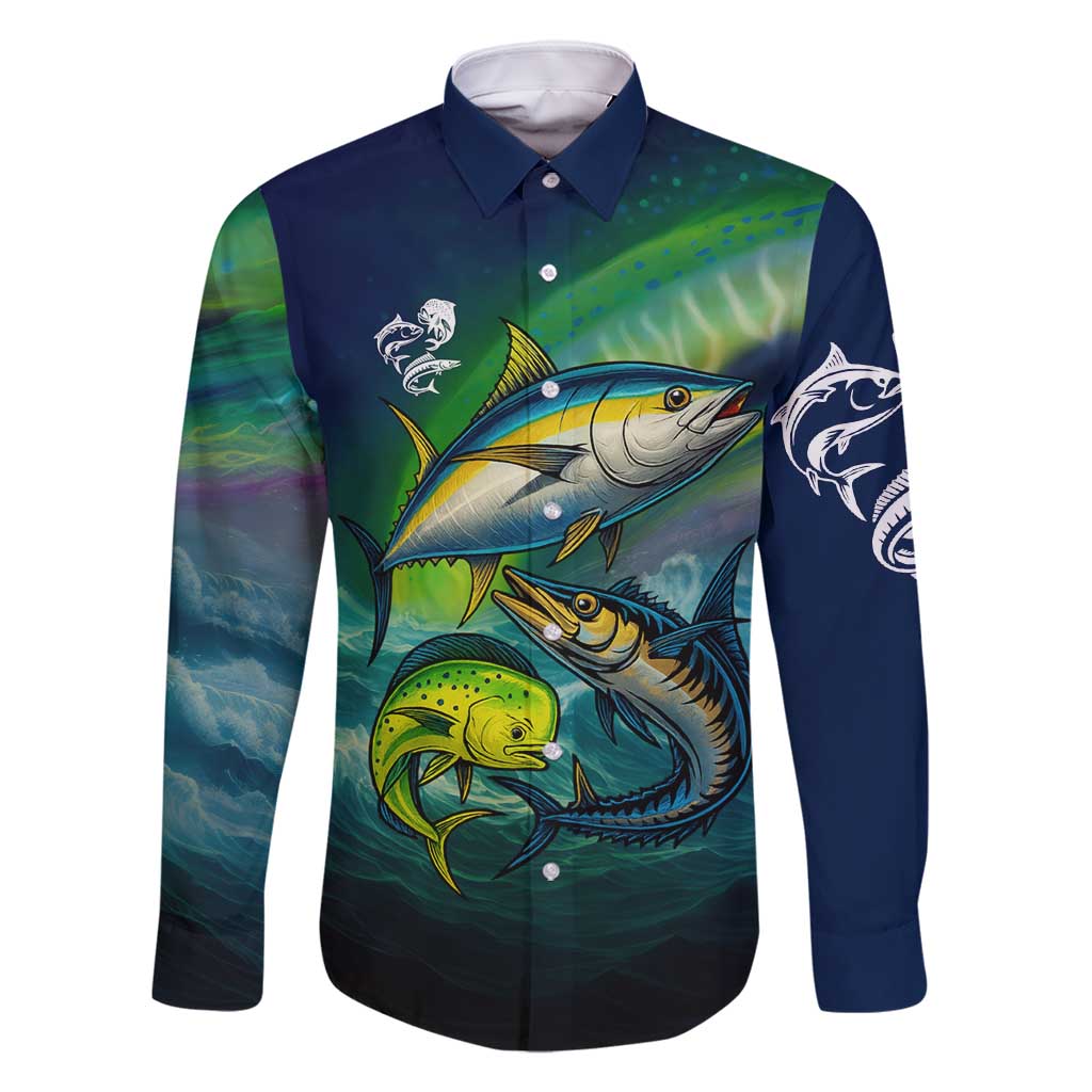Offshore Fishing Custom Family Matching Off Shoulder Maxi Dress and Hawaiian Shirt Tuna Mahi Mahi and Wahoo in Ocean Wave Design - Wonder Print Shop