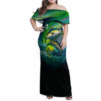 Offshore Fishing Custom Family Matching Off Shoulder Maxi Dress and Hawaiian Shirt Tuna Mahi Mahi and Wahoo in Ocean Wave Design - Wonder Print Shop