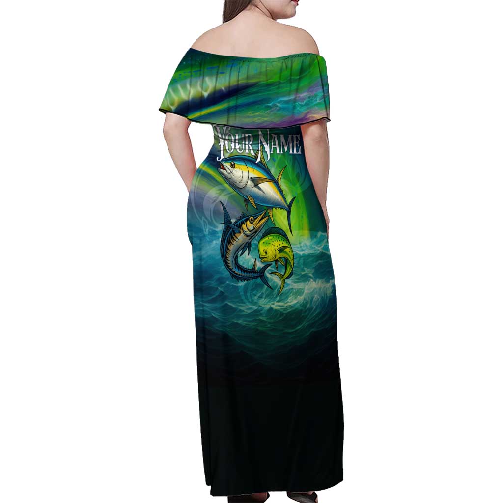 Offshore Fishing Custom Family Matching Off Shoulder Maxi Dress and Hawaiian Shirt Tuna Mahi Mahi and Wahoo in Ocean Wave Design - Wonder Print Shop