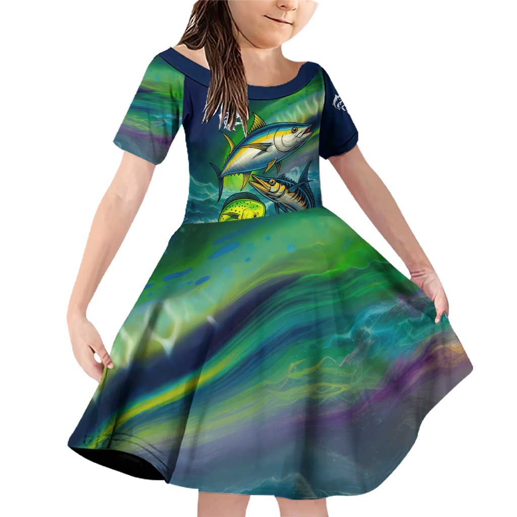 Offshore Fishing Custom Family Matching Off Shoulder Short Dress and Hawaiian Shirt Tuna Mahi Mahi and Wahoo in Ocean Wave Design - Wonder Print Shop