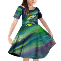 Offshore Fishing Custom Family Matching Off Shoulder Short Dress and Hawaiian Shirt Tuna Mahi Mahi and Wahoo in Ocean Wave Design - Wonder Print Shop