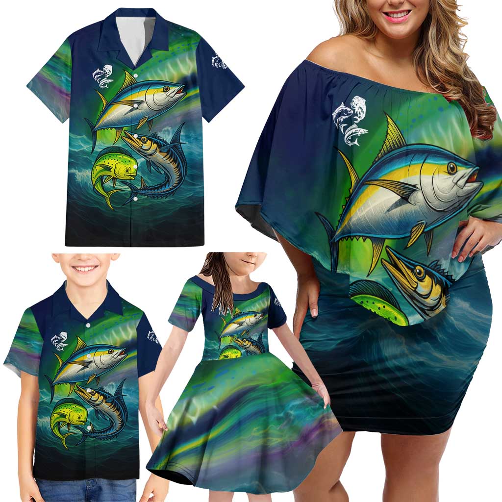 Offshore Fishing Custom Family Matching Off Shoulder Short Dress and Hawaiian Shirt Tuna Mahi Mahi and Wahoo in Ocean Wave Design - Wonder Print Shop