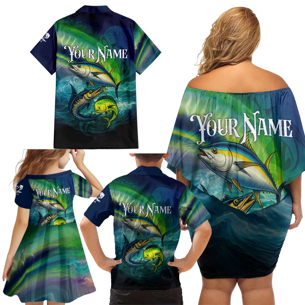 Offshore Fishing Custom Family Matching Off Shoulder Short Dress and Hawaiian Shirt Tuna Mahi Mahi and Wahoo in Ocean Wave Design - Wonder Print Shop