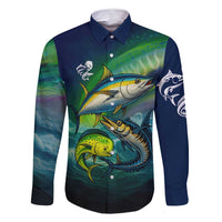 Offshore Fishing Custom Family Matching Off Shoulder Short Dress and Hawaiian Shirt Tuna Mahi Mahi and Wahoo in Ocean Wave Design - Wonder Print Shop