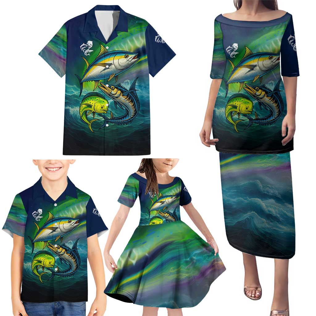 Offshore Fishing Custom Family Matching Puletasi and Hawaiian Shirt Tuna Mahi Mahi and Wahoo in Ocean Wave Design - Wonder Print Shop