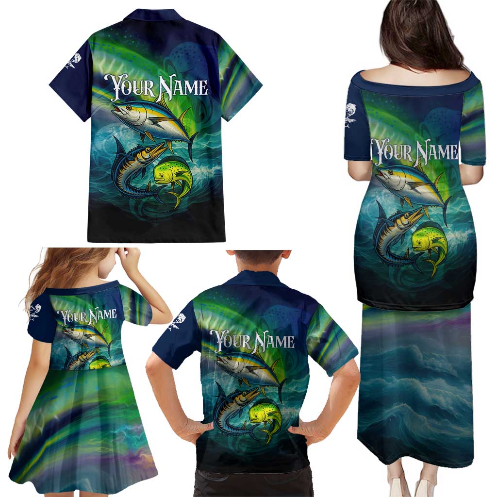 Offshore Fishing Custom Family Matching Puletasi and Hawaiian Shirt Tuna Mahi Mahi and Wahoo in Ocean Wave Design - Wonder Print Shop