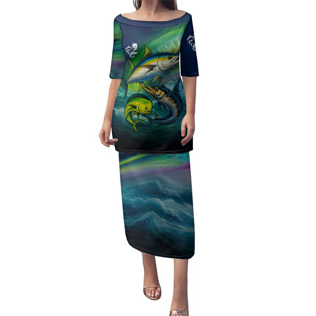 Offshore Fishing Custom Family Matching Puletasi and Hawaiian Shirt Tuna Mahi Mahi and Wahoo in Ocean Wave Design - Wonder Print Shop