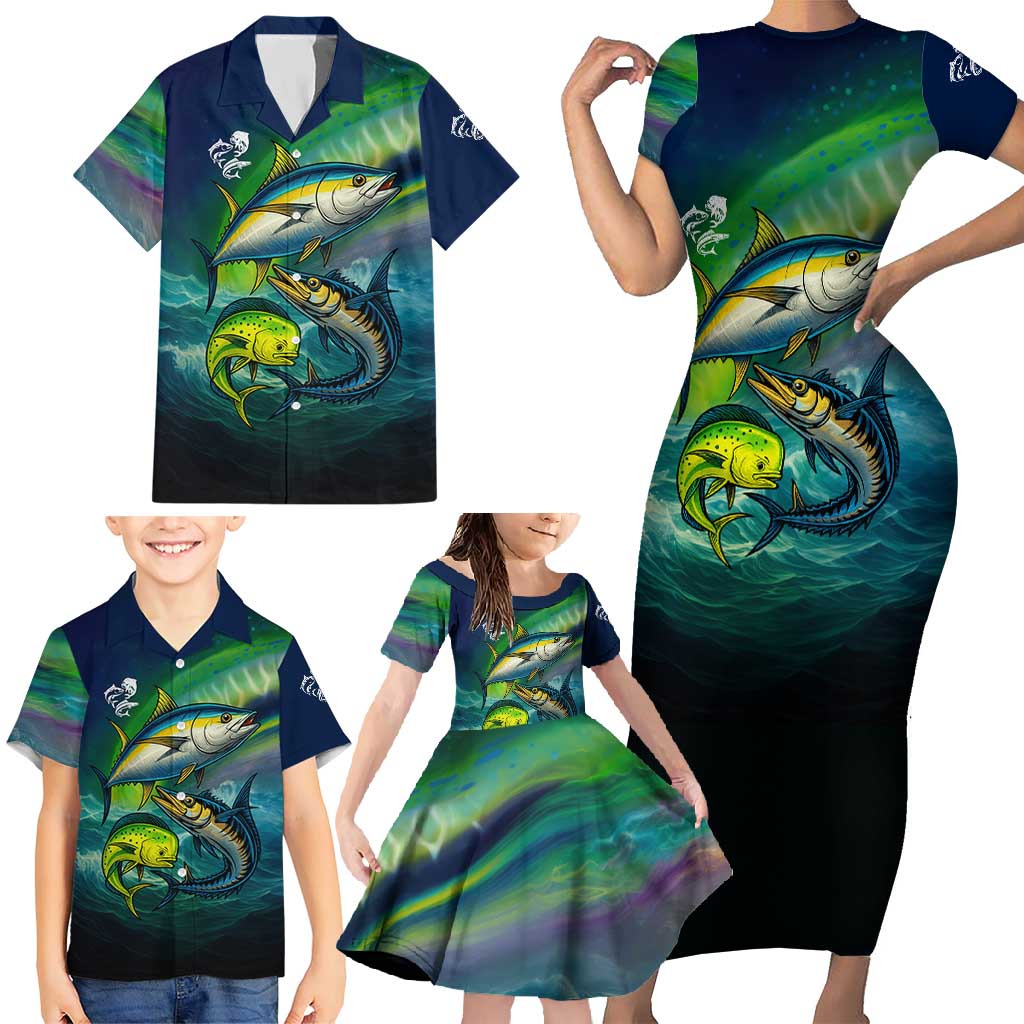 Offshore Fishing Custom Family Matching Short Sleeve Bodycon Dress and Hawaiian Shirt Tuna Mahi Mahi and Wahoo in Ocean Wave Design - Wonder Print Shop