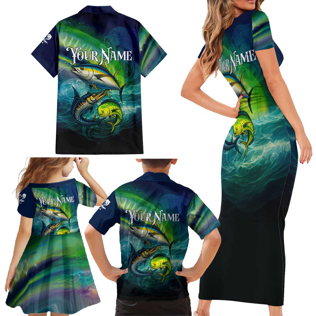 Offshore Fishing Custom Family Matching Short Sleeve Bodycon Dress and Hawaiian Shirt Tuna Mahi Mahi and Wahoo in Ocean Wave Design - Wonder Print Shop