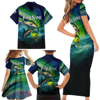 Offshore Fishing Custom Family Matching Short Sleeve Bodycon Dress and Hawaiian Shirt Tuna Mahi Mahi and Wahoo in Ocean Wave Design - Wonder Print Shop