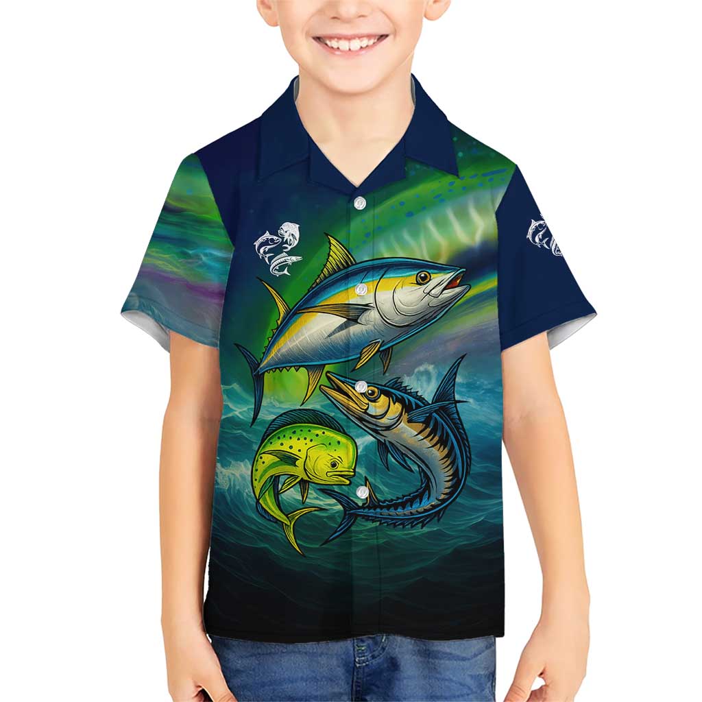 Offshore Fishing Custom Family Matching Short Sleeve Bodycon Dress and Hawaiian Shirt Tuna Mahi Mahi and Wahoo in Ocean Wave Design - Wonder Print Shop