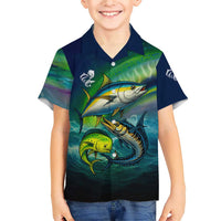 Offshore Fishing Custom Family Matching Short Sleeve Bodycon Dress and Hawaiian Shirt Tuna Mahi Mahi and Wahoo in Ocean Wave Design - Wonder Print Shop