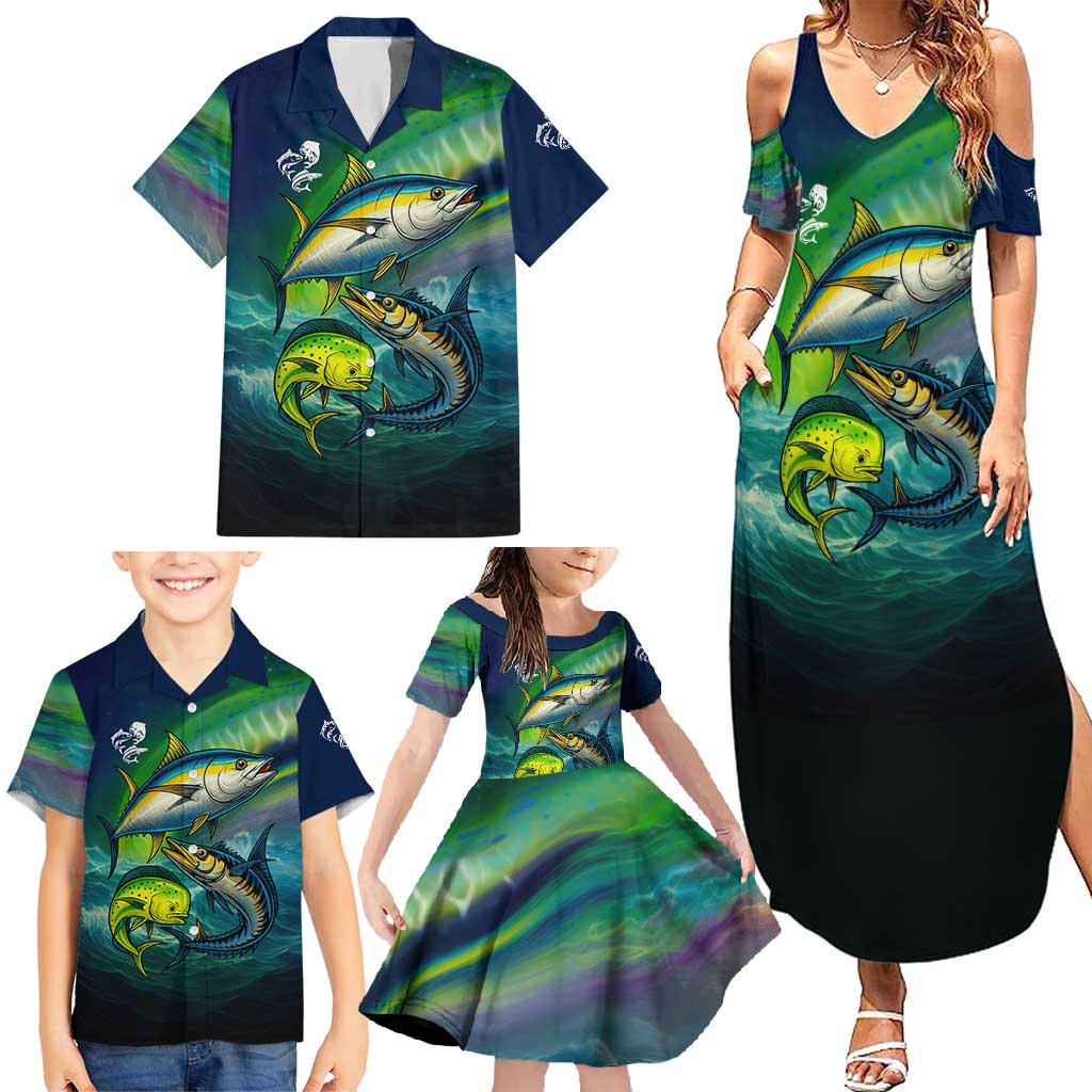 Offshore Fishing Custom Family Matching Summer Maxi Dress and Hawaiian Shirt Tuna Mahi Mahi and Wahoo in Ocean Wave Design - Wonder Print Shop