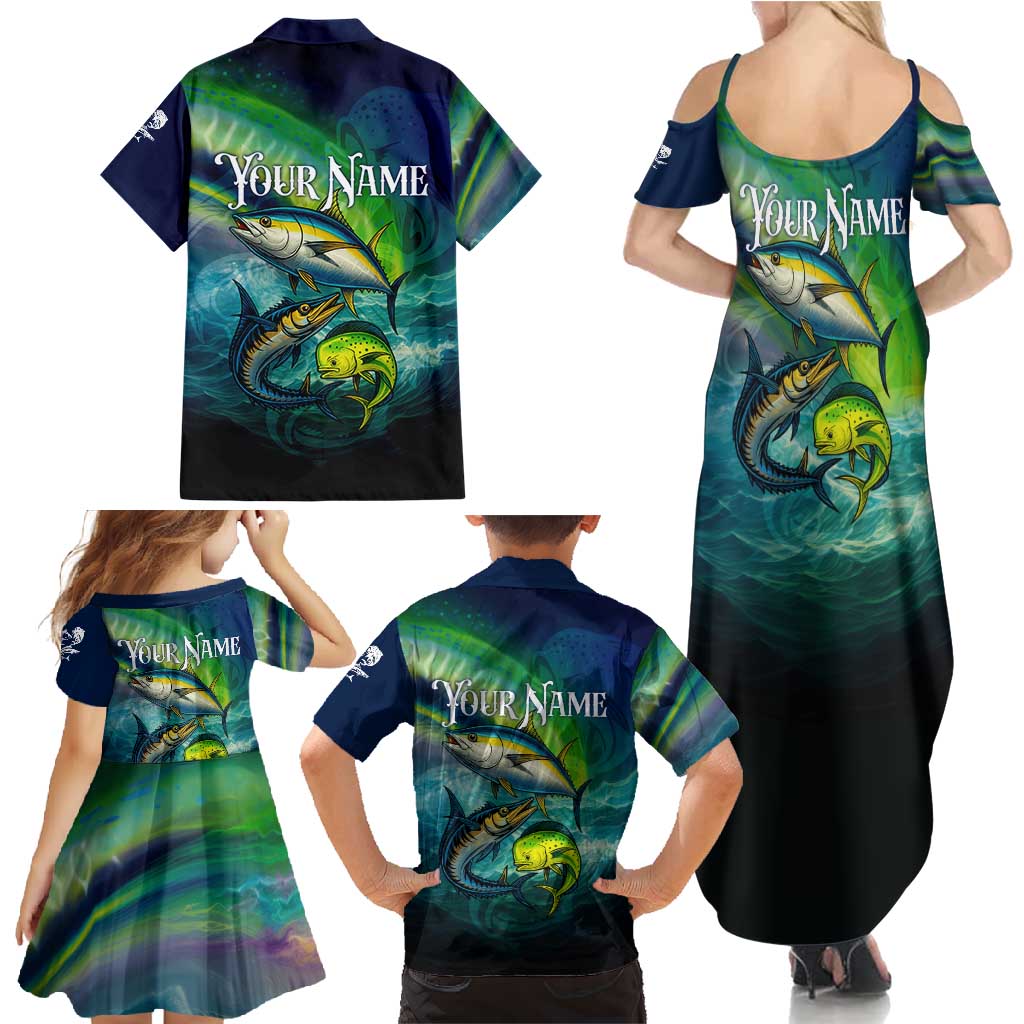 Offshore Fishing Custom Family Matching Summer Maxi Dress and Hawaiian Shirt Tuna Mahi Mahi and Wahoo in Ocean Wave Design - Wonder Print Shop