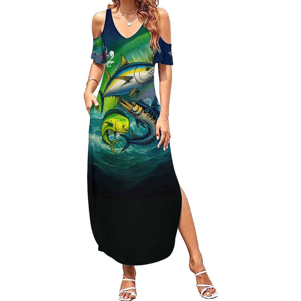 Offshore Fishing Custom Family Matching Summer Maxi Dress and Hawaiian Shirt Tuna Mahi Mahi and Wahoo in Ocean Wave Design - Wonder Print Shop