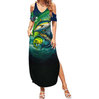 Offshore Fishing Custom Family Matching Summer Maxi Dress and Hawaiian Shirt Tuna Mahi Mahi and Wahoo in Ocean Wave Design - Wonder Print Shop
