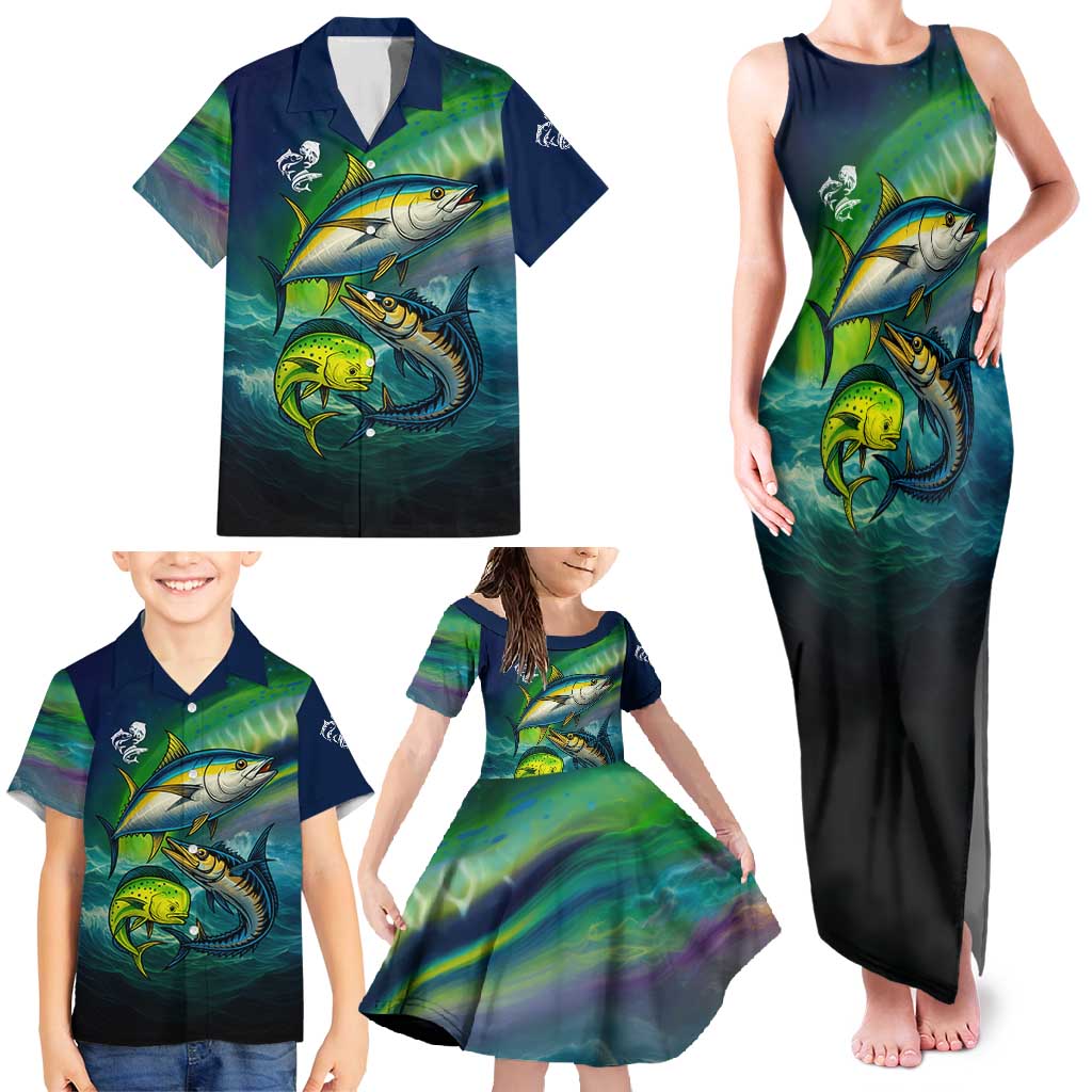 Offshore Fishing Custom Family Matching Tank Maxi Dress and Hawaiian Shirt Tuna Mahi Mahi and Wahoo in Ocean Wave Design - Wonder Print Shop