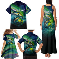 Offshore Fishing Custom Family Matching Tank Maxi Dress and Hawaiian Shirt Tuna Mahi Mahi and Wahoo in Ocean Wave Design - Wonder Print Shop